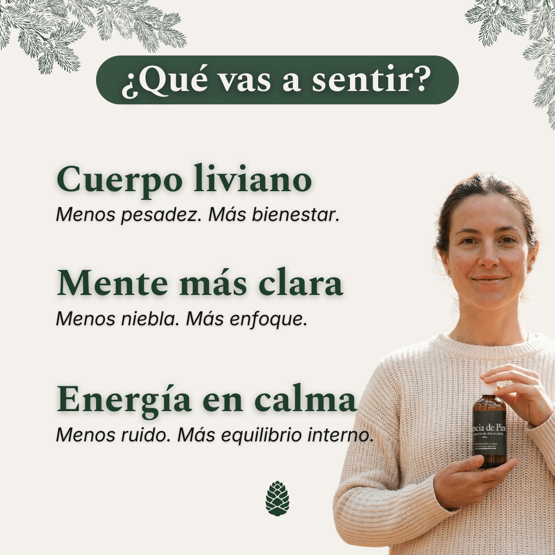 Qué vas a sentir con Esencia de Pino: cuerpo más liviano, mente más clara y energía en calma (slide informativo Del Bosque).