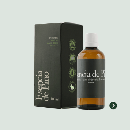 Esencia de Pino 100 ml (Trementina Natural) Del Bosque: frasco y caja del producto en foto principal.