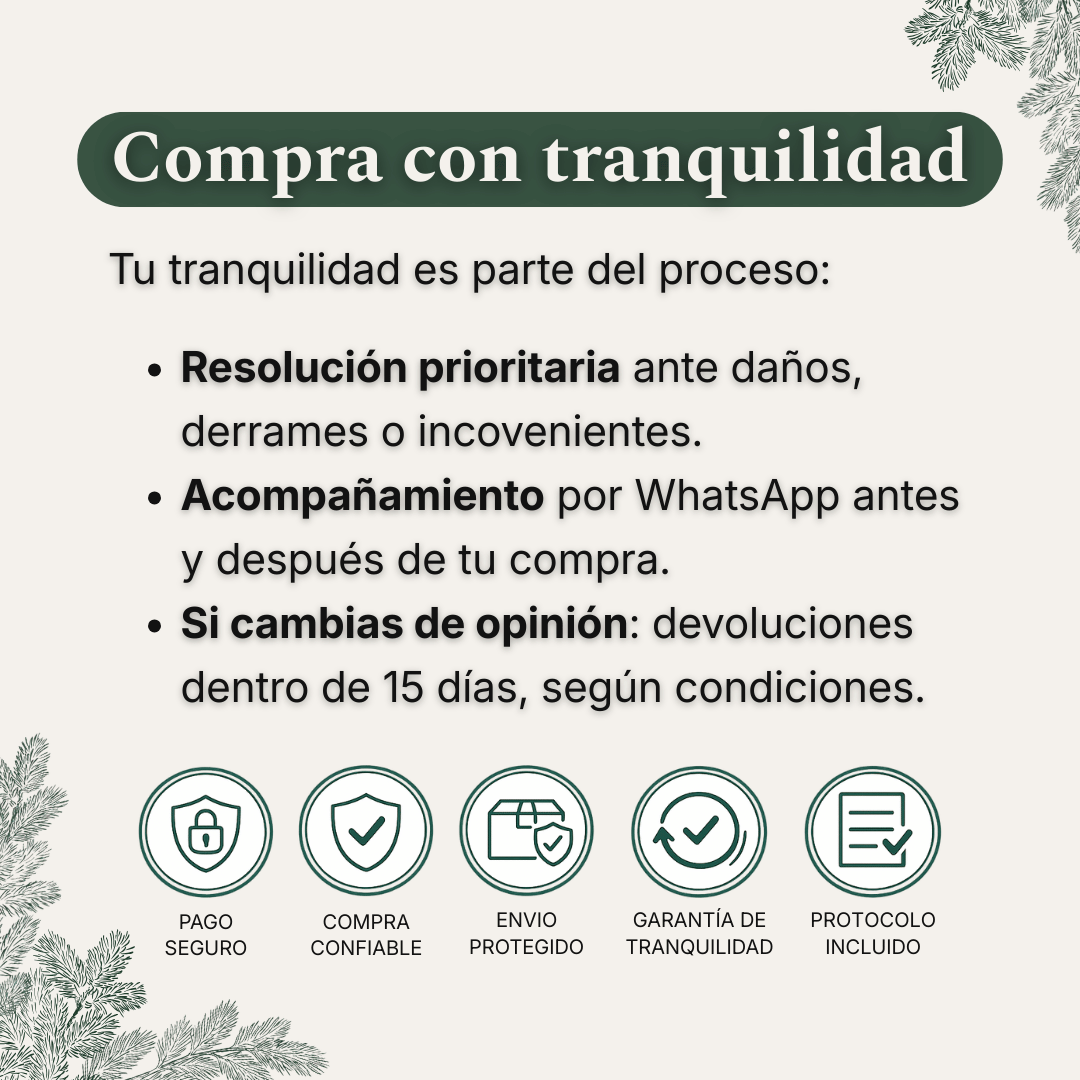 Compra con tranquilidad en Del Bosque: acompañamiento por WhatsApp, resolución prioritaria y devoluciones en 15 días (según condiciones).