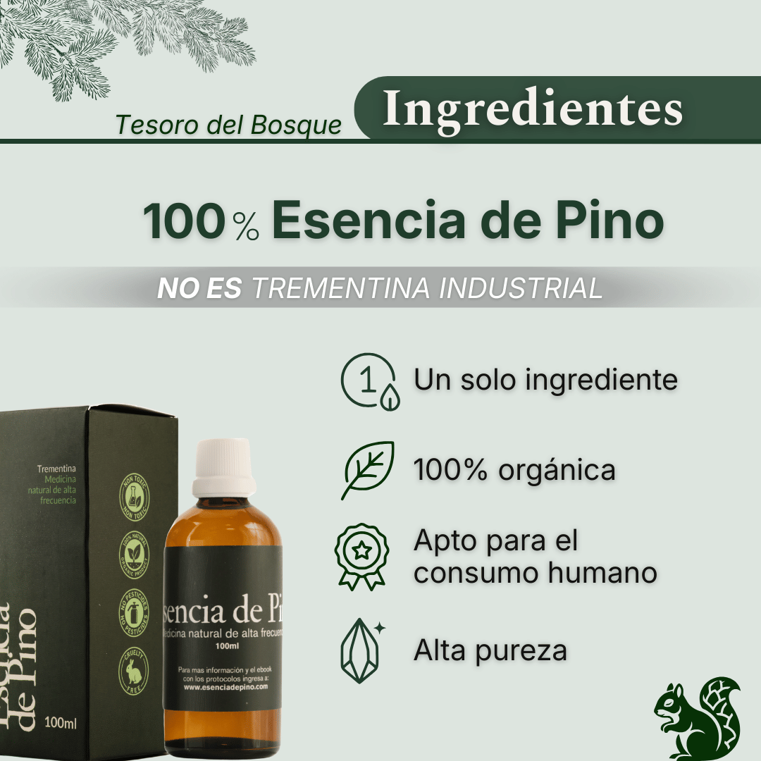 Ingredientes de la Esencia de Pino: 100% esencia, un solo ingrediente, alta pureza y no es trementina industrial.
