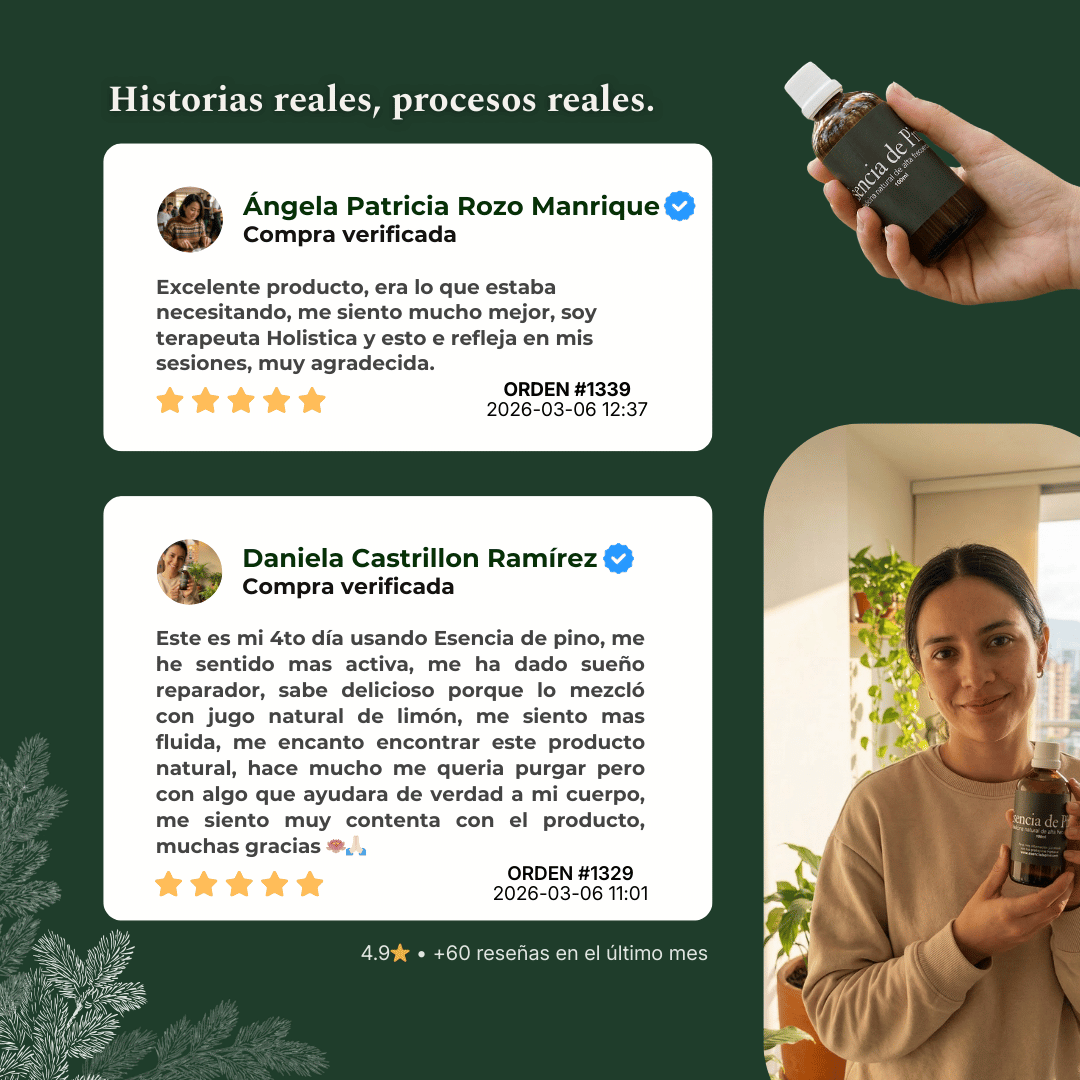 Reseñas verificadas de Esencia de Pino Del Bosque: testimonios reales y calificación 4.9 con más de 60 reseñas.”